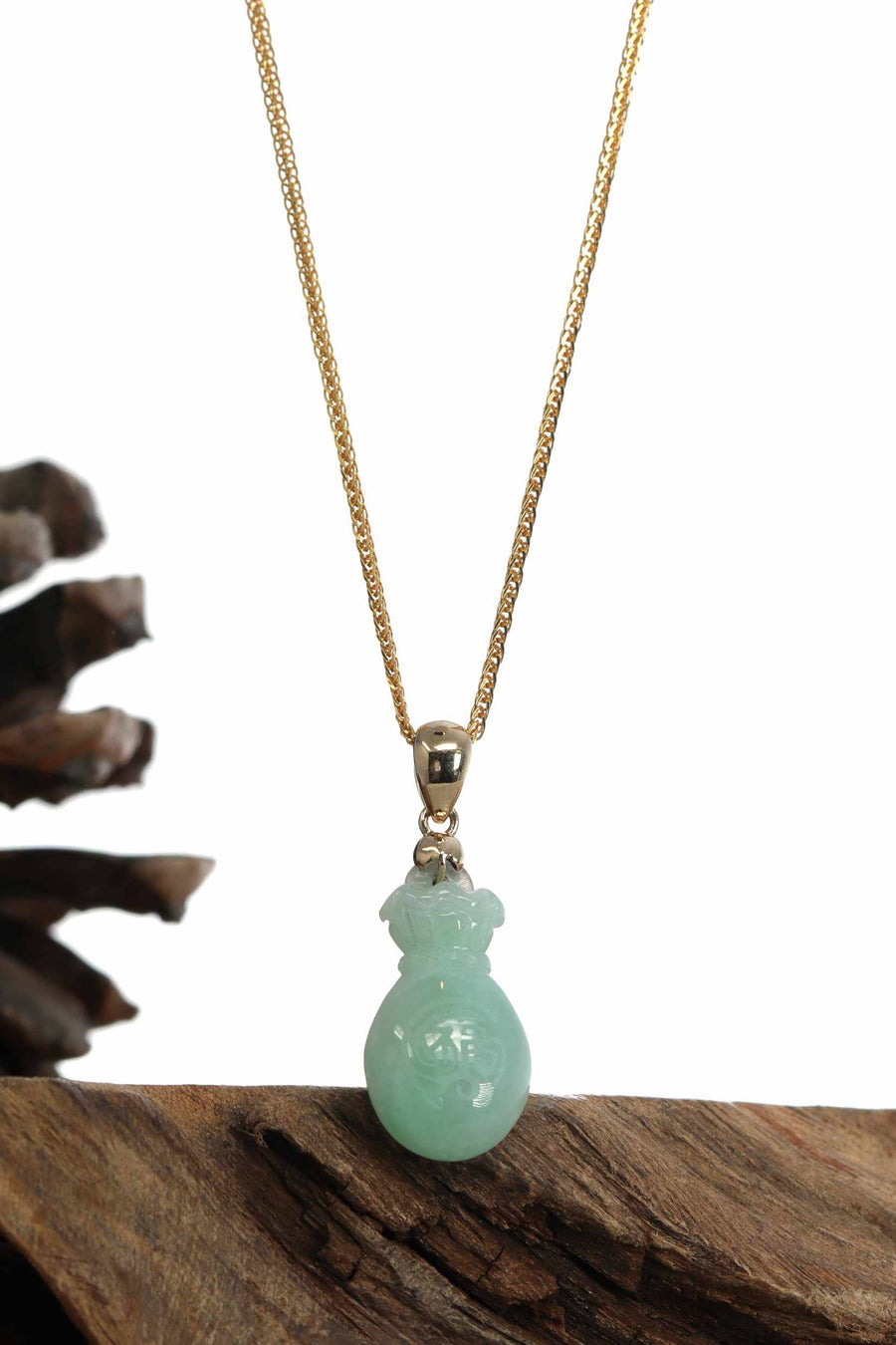 Baikalla Jewelry Jade Pendant Natural Green Jadeite Jade "Magic Bottle Gourd" Hulu Necklace With 14k Yellow Gold Bail