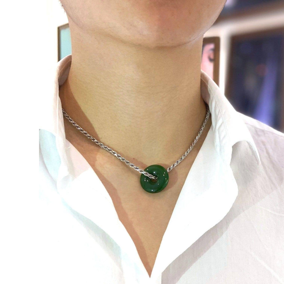 Baikalla Jewelry Jade Pendant Necklace Genuine HeTian Nephrite Green Jade Lucky KouKou Circle Pendant Necklace