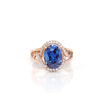 Baikalla Jewelry Gold Sapphire Ring 7.75 18k Rose Gold Lab-Created Blue Sapphire Ring With CZ