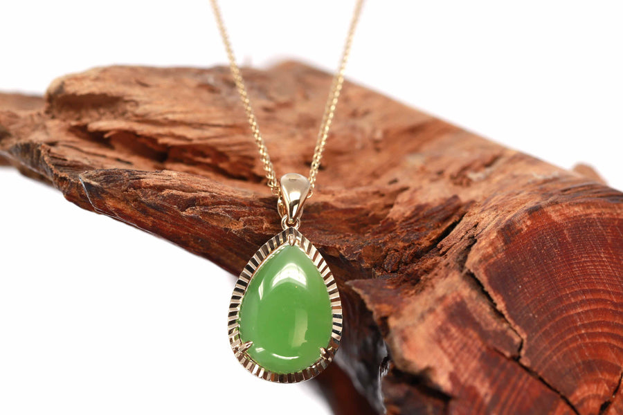 Baikalla Jewelry Gold Jade Pendant 14K Gold Genuine Green Apple Green Jade Tear Drop Diamond Cut Pendant Necklace