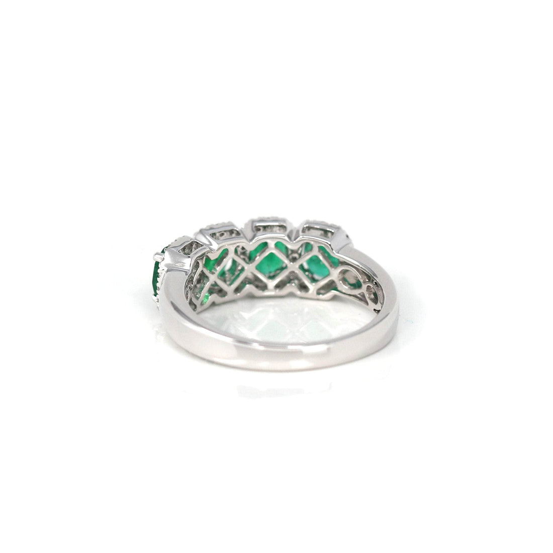 Baikalla Jewelry Gold Emerald Ring 18k White Gold Natural Emerald Four Stones Set Band Ring with Diamonds
