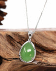 Baikalla Jewelry Gold Jade Pendant 14K White Gold / Pendant Only 14K Gold Genuine Green Apple Green Jade Tear Drop Diamond Cut Pendant Necklace