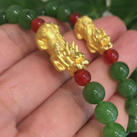 Baikalla Jewelry 24K Pure Yellow Gold PiXiu With Genuine Green Nephrite Jade Round Beads Bracelet (8 mm)