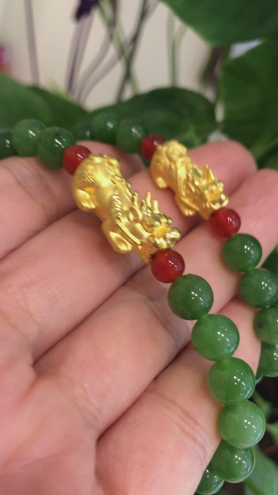 Baikalla Jewelry 24K Pure Yellow Gold PiXiu With Genuine Green Nephrite Jade Round Beads Bracelet (8 mm)