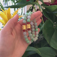 24K Pure Yellow Gold Buddha Symbol Tongtong With Genuine Green Jadeite Beads Bracelet ( 9 mm )