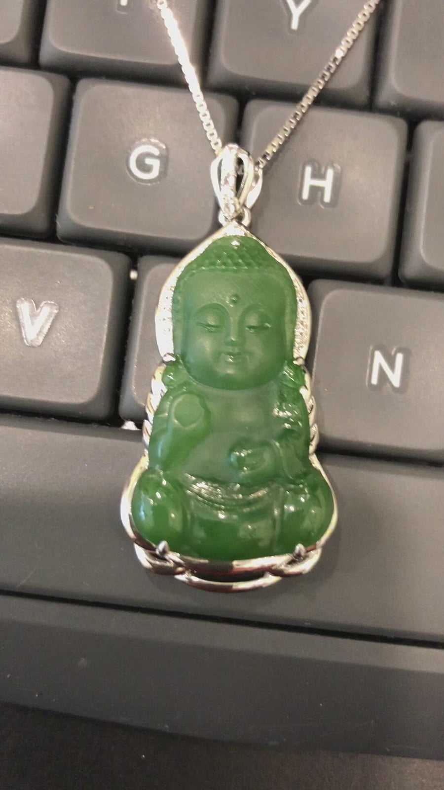 Baikalla™ Guan Yin Sterling Silver Genuine Nephrite Green Jade GuanYin Baby Buddha  Pendant Necklace