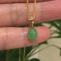 18K Yellow Gold "Ginkgo Leaf" Oval Apple Green Jadeite Jade Cabochon Necklace with Diamonds