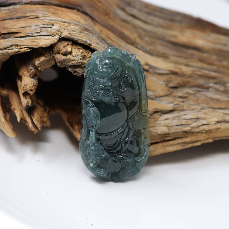 Baikalla Jewelry Jade Carving Necklace Baikalla™ The Demon Hunter" (Zhong Kui)Natural Jadeite Dark Green to Deep Blue Jade Necklace, Collector's piece