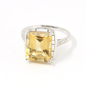 Baikalla Jewelry Gold Citrine Ring 18k White Gold Natural Emerald Cut Citrine Ring W/ Diamonds