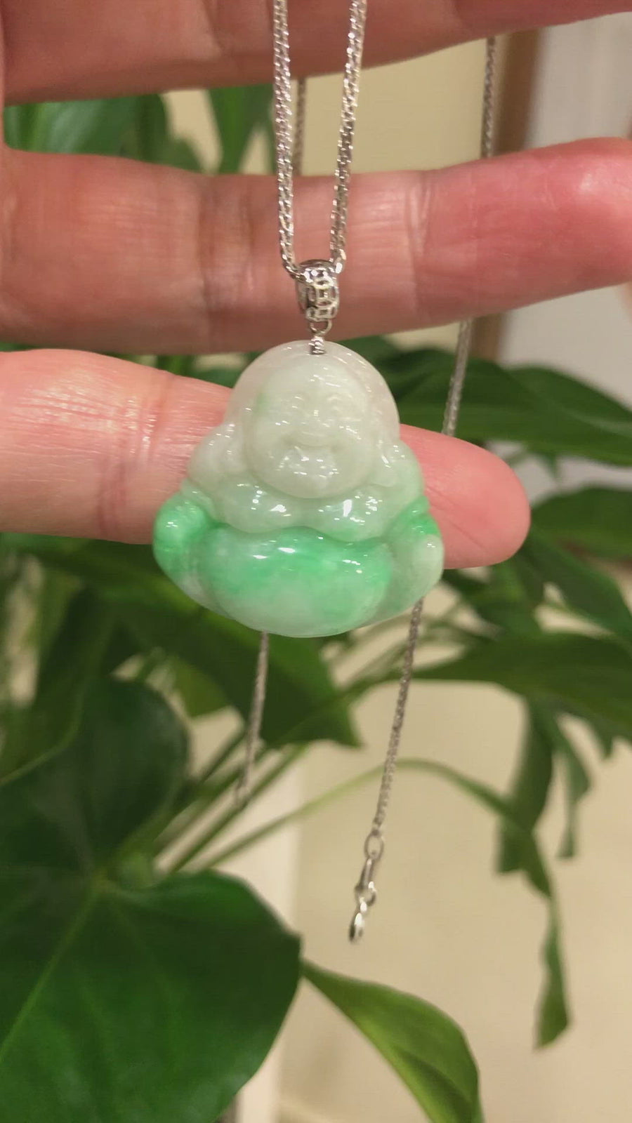 Baikalla™ "Laughing Buddha" Genuine Vibrant Green Jadeite Buddha Pendant Necklace With 14k White Gold Bail