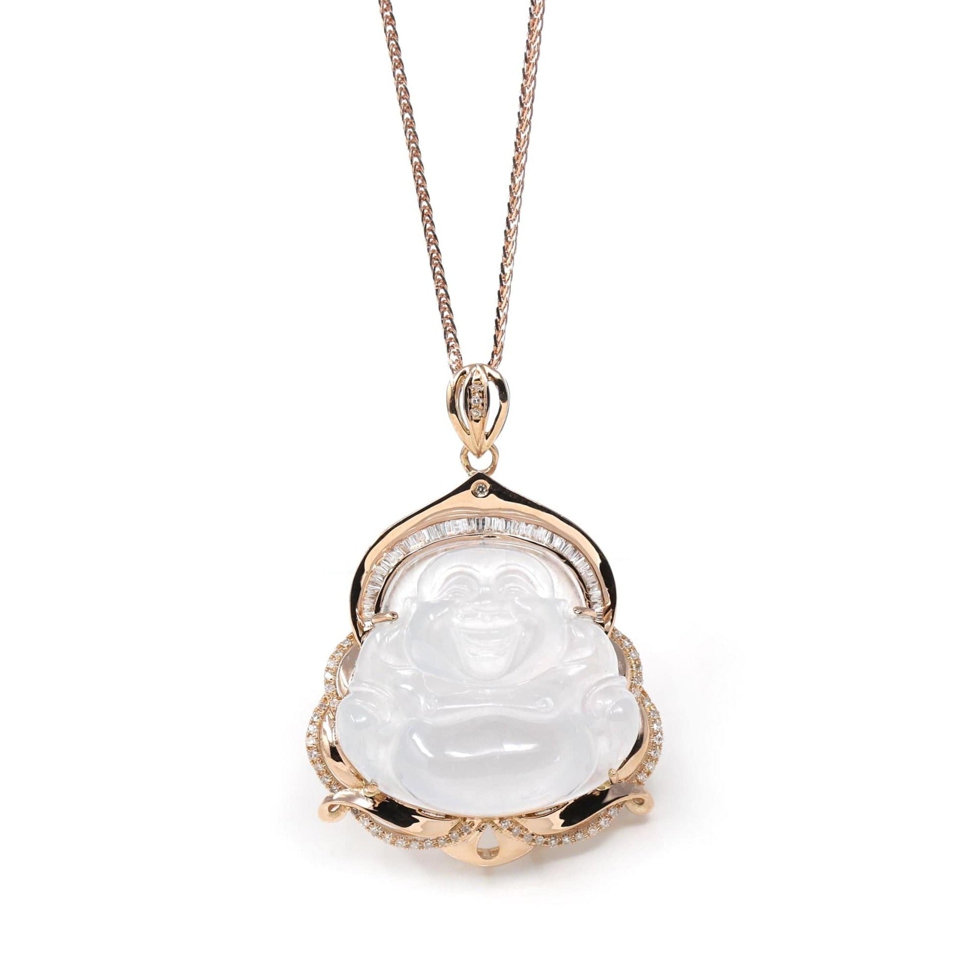 Baikalla Jewelry 18k Gold Jadeite Necklace Baikalla 18K Rose Gold Genuine Burmese Ice Jadeite Buddha Pendant with Diamonds