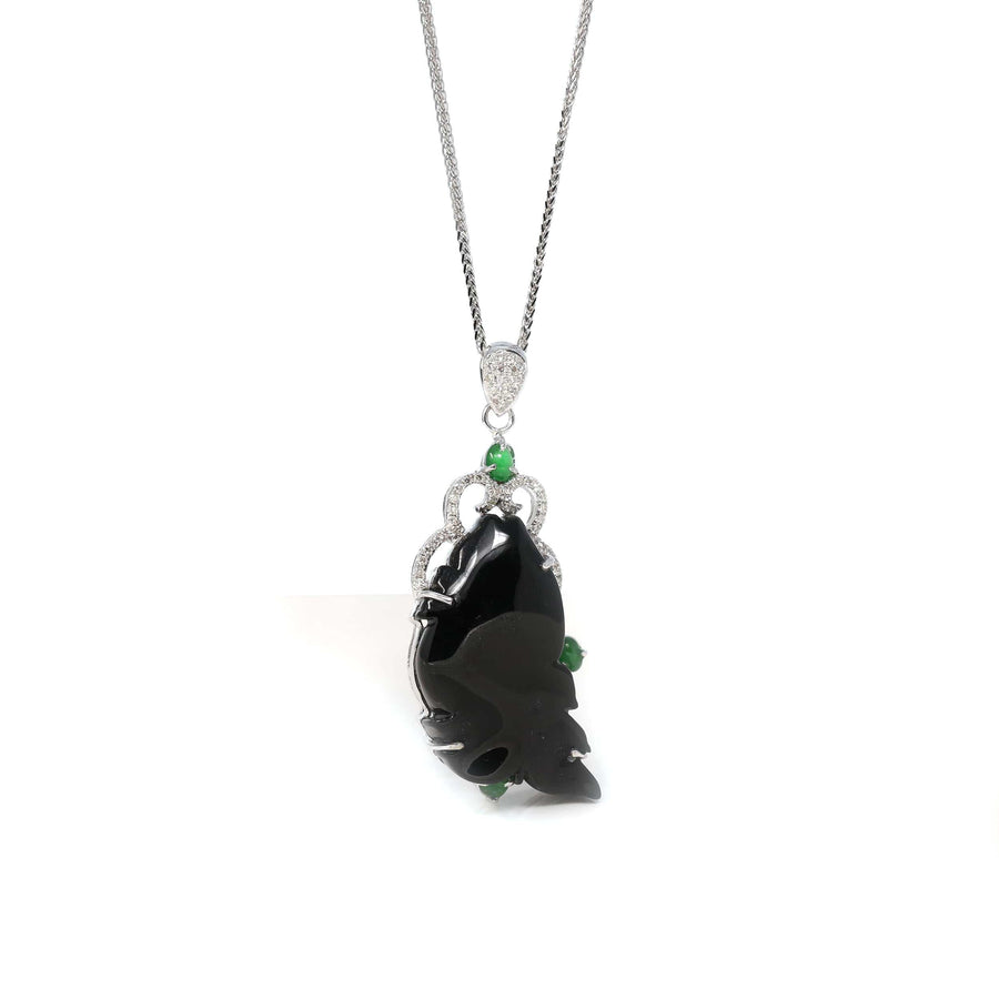 Baikalla Jewelry genuine jadeite carving Baikalla 18k Genuine Burmese Black Jadeite Jade "年年有余“ Fish Pendant Necklace