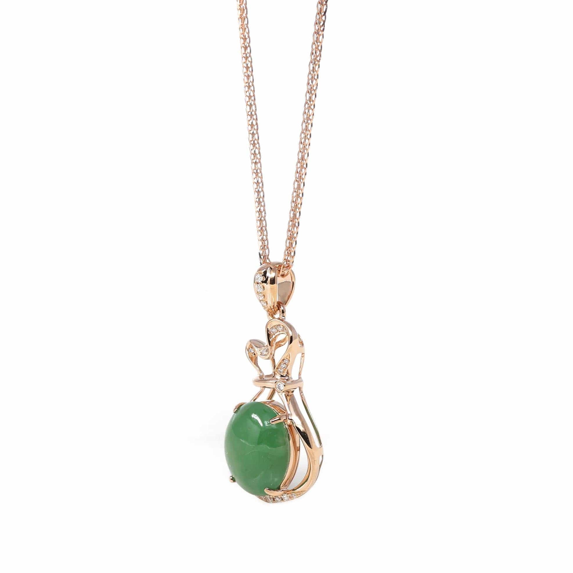 Baikalla Jewelry 18k Gold Jadeite Necklace 18K Rose Gold Oval Imperial Jadeite Jade Cabochon Necklace with Diamonds