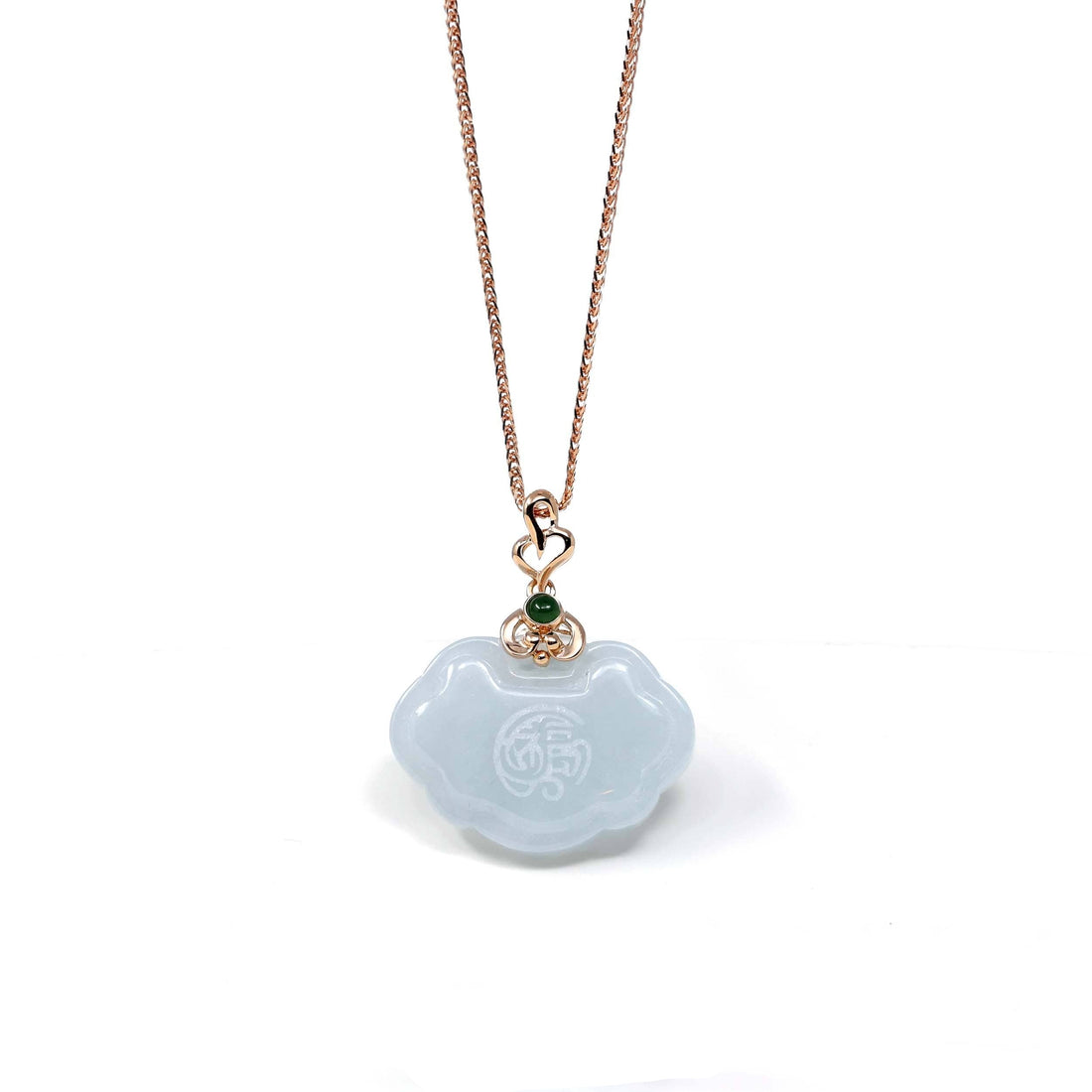 Baikalla Jewelry Jade Pendant 18k Rose Gold Genuine Burmese Light Lavender Jadeite Happiness and Safety  (Fu & Pingan) Pendant Necklace