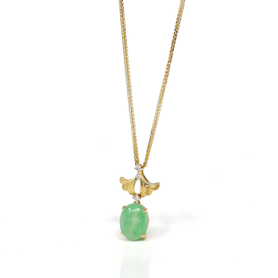 Baikalla Jewelry Gold Jadeite Necklace 18k Yellow Gold Jadeite Jade Apricot Leaf Pendant Necklace with Diamond