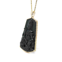 Baikalla Jewelry Jade Guanyin Pendant Necklace Pendant Only Baikalla 14k Yellow Gold "Goddess of Compassion" Genuine Black Burmese Jadeite Jade Guanyin Necklace With Gold Bail