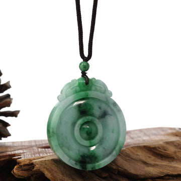 Baikalla Jewelry Jade Pendant Necklace Genuine Green Jadeite Jade "Good Luck Money Circle with Dragon Accent" Pendant Necklace With Real Jadeite Bead Necklace