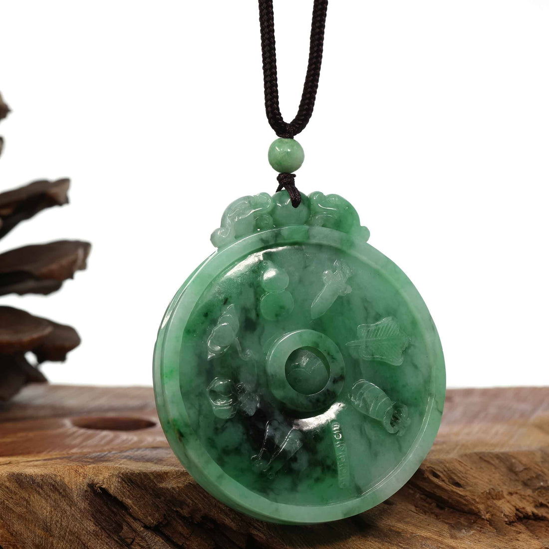 Baikalla Jewelry Jade Pendant Necklace Copy of Genuine Green Jadeite Jade "Good Luck Money Circle with Dragon Accent" Pendant Necklace With Real Jadeite Bead Necklace