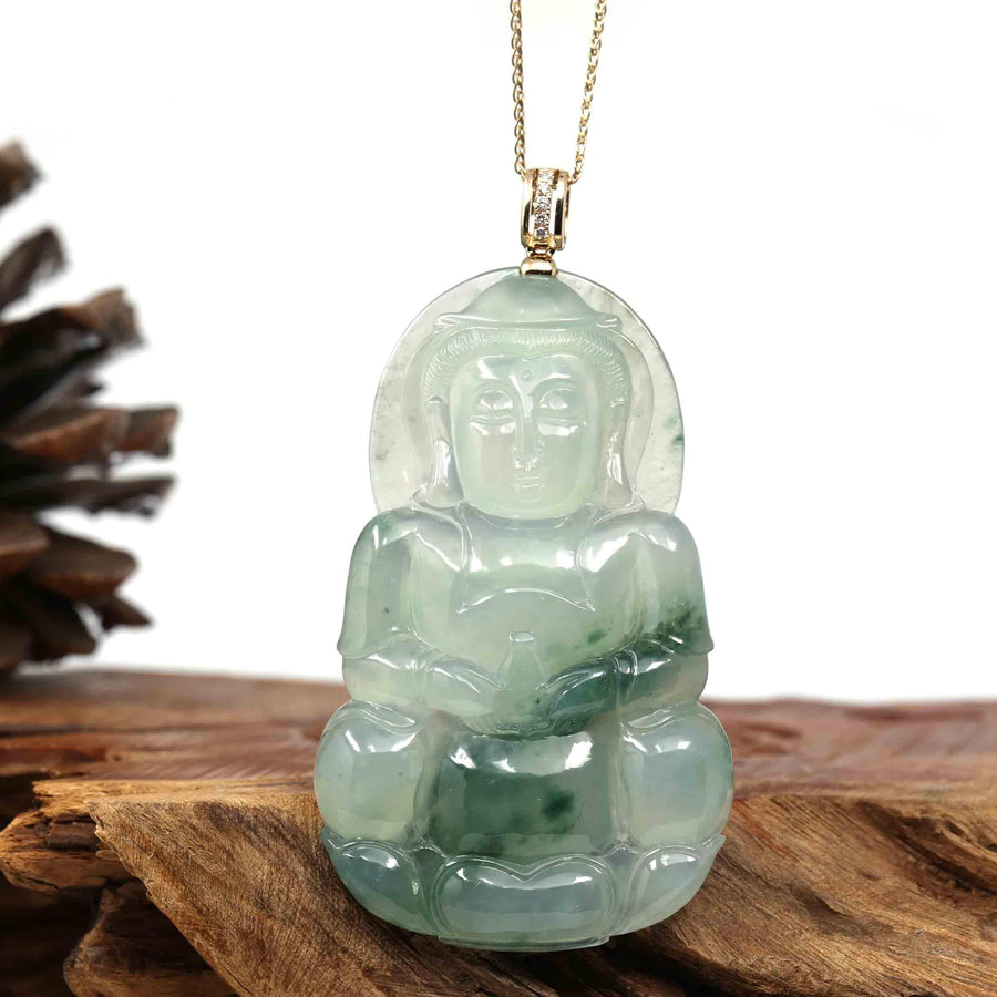 Baikalla Jewelry Jade Guanyin Pendant Necklace Copy of Baikalla 14k Yellow Gold "Goddess of Compassion" Genuine Ice Burmese Jadeite Jade Guanyin Necklace With Gold Bail