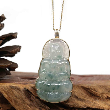 Baikalla Jewelry Jade Guanyin Pendant Necklace Copy of Copy of Baikalla 14k Yellow Gold "Goddess of Compassion" Genuine Ice Burmese Jadeite Jade Guanyin Necklace With Gold Bail