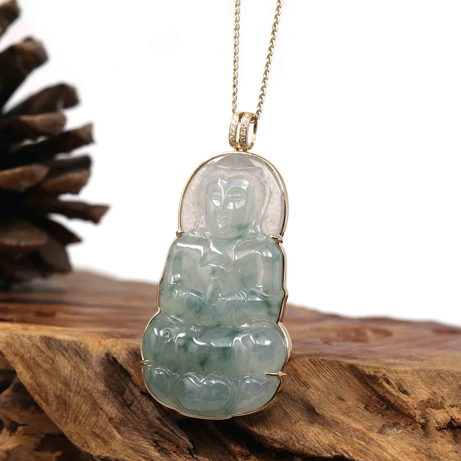 Baikalla Jewelry Jade Guanyin Pendant Necklace Copy of Copy of Baikalla 14k Yellow Gold "Goddess of Compassion" Genuine Ice Burmese Jadeite Jade Guanyin Necklace With Gold Bail