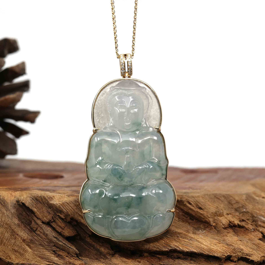 Baikalla Jewelry Jade Guanyin Pendant Necklace Copy of Copy of Baikalla 14k Yellow Gold "Goddess of Compassion" Genuine Ice Burmese Jadeite Jade Guanyin Necklace With Gold Bail