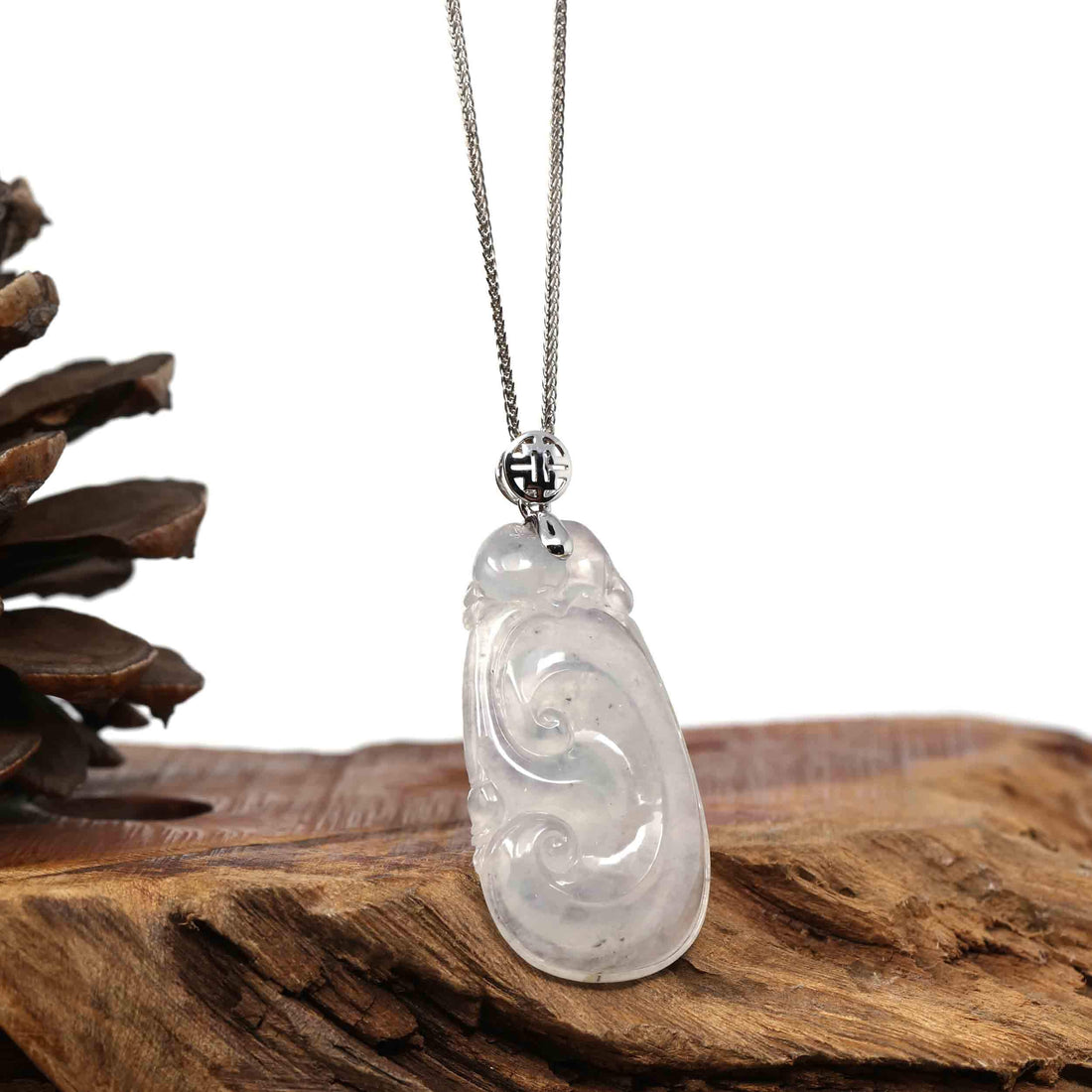 Baikalla Jewelry Jade Pendant Copy of Natural Ice White Jadeite Jade Ru Yi Necklace With 14k Yellow Gold VS1 Diamond Bail
