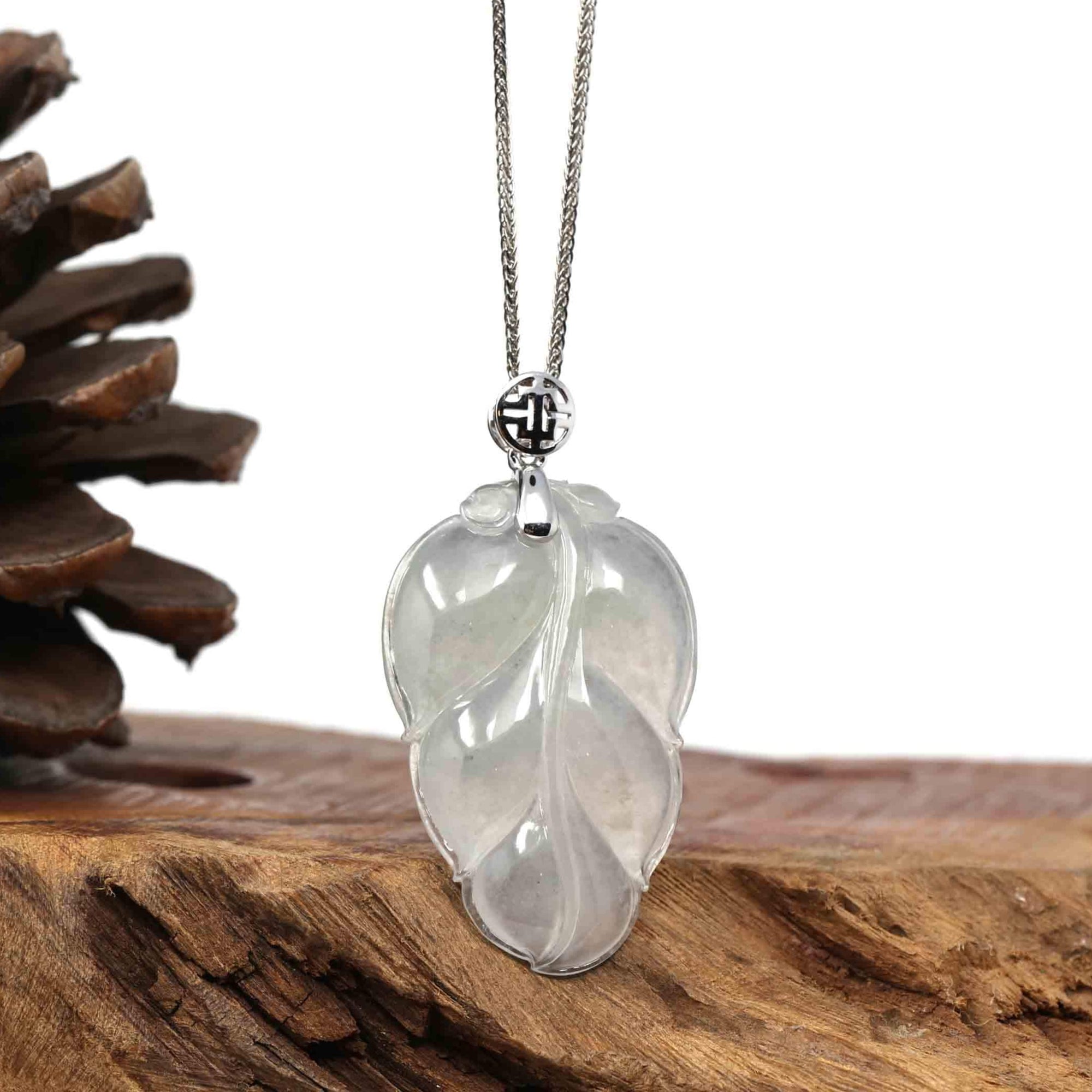 ice planted jade Genuine Ice Jadeite Jade Jin Zhi Yu Ye (Leaf) Necklace With White Gold Bail