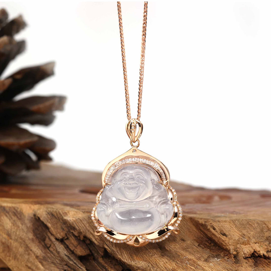 Baikalla Jewelry 18k Gold Jadeite Necklace Copy of Baikalla 18K Rose Gold Genuine Burmese Ice Jadeite Buddha Pendant with Diamonds High Jewelry