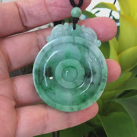 Genuine Green Jadeite Jade "Good Luck Money Circle with Dragon Accent" Pendant Necklace With Real Jadeite Bead Necklace