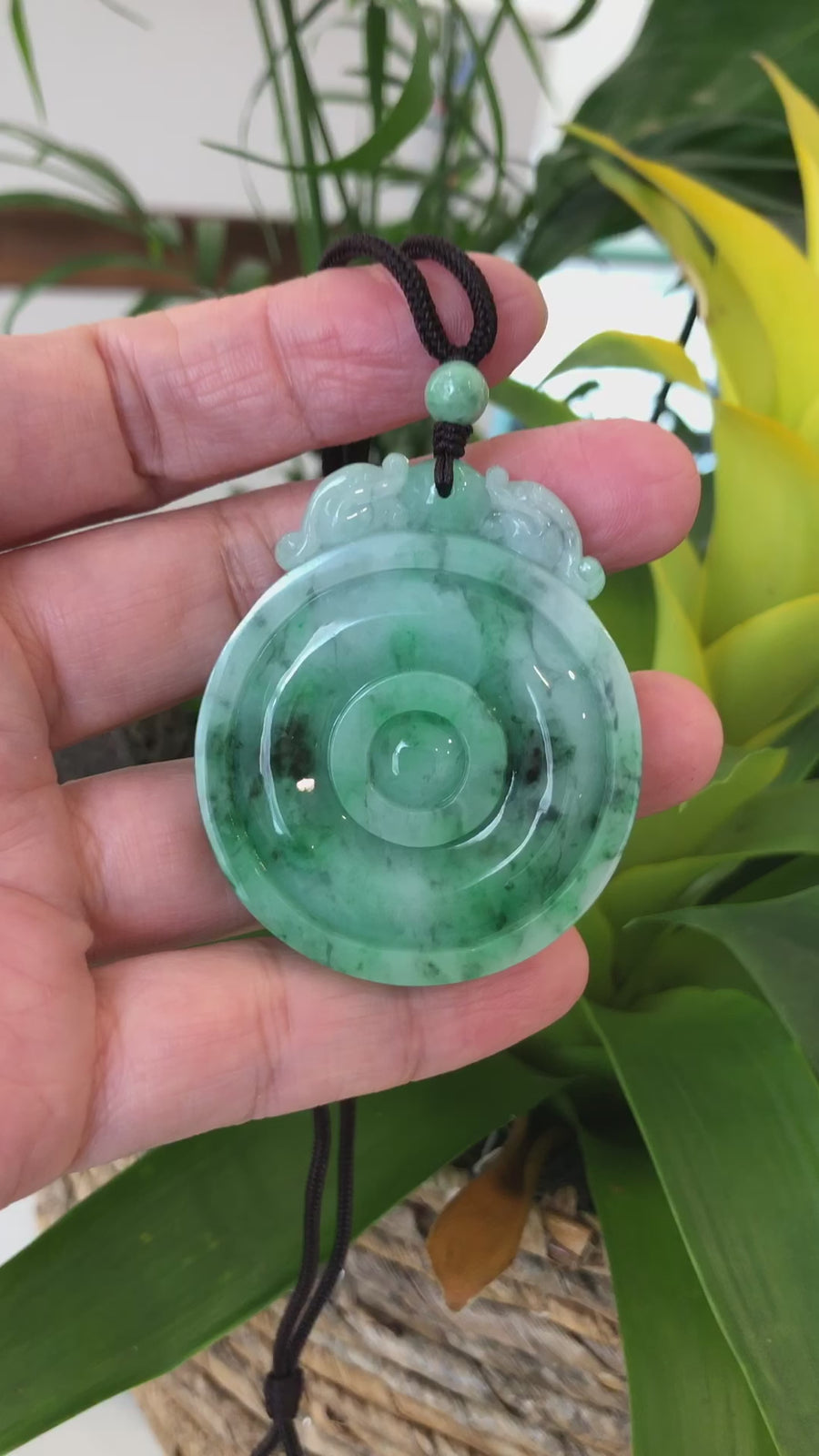 Genuine Green Jadeite Jade "Good Luck Money Circle with Dragon Accent" Pendant Necklace With Real Jadeite Bead Necklace