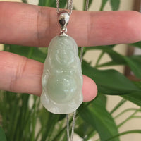 Baikalla™ "Laughing Buddha" Genuine Green Jadeite Jade Buddha Pendant Necklace With Strong Silver  Bail