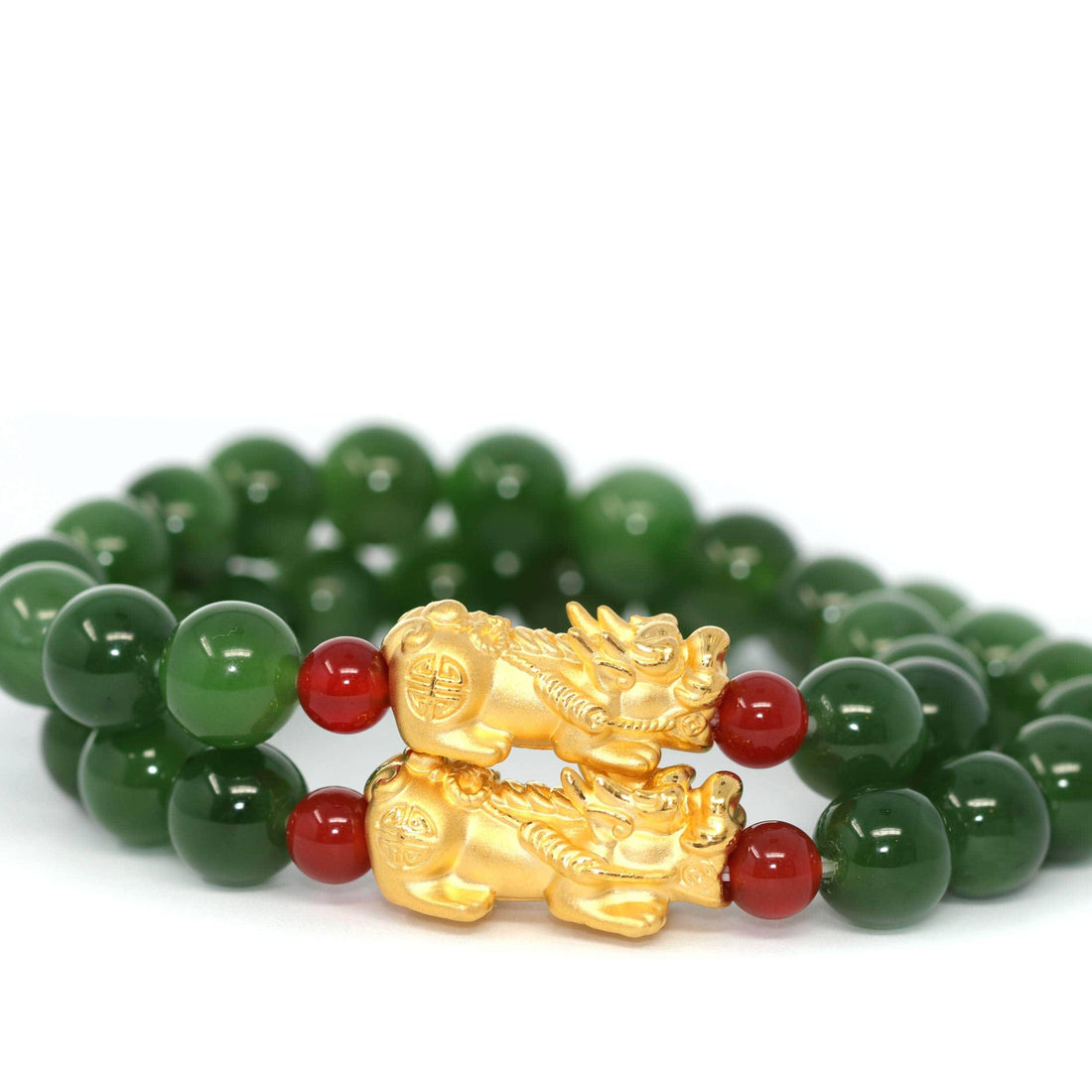Baikalla Jewelry jade beads bracelet 24K Pure Yellow Gold PiXiu With Genuine Green Jade Round Beads Bracelet Bangle ( 9.5 mm )