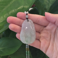 Genuine Green & Light Lavender "Buddha's Palm" Jadeite Jade Good Luck Pendant Necklace With Real Jadeite Bead Necklace
