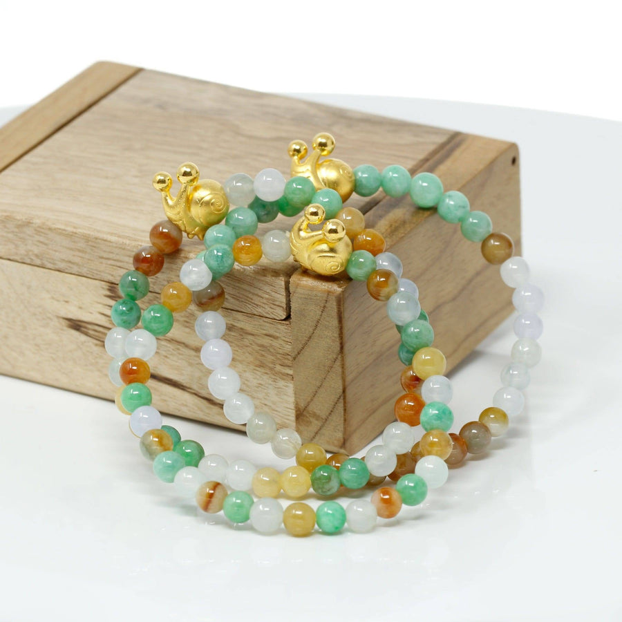Baikalla Jewelry 24k Gold Jadeite Beads Bracelet Genuine High-quality Jade Jadeite Bracelet Bangle with 24k Yellow Gold Snail Charm Colorful  #427