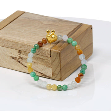 Baikalla Jewelry 24k Gold Jadeite Beads Bracelet XS 6 Inches Genuine High-quality Jade Jadeite Bracelet Bangle with 24k Yellow Gold Snail Charm Colorful  #427