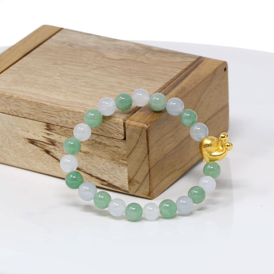 Baikalla Jewelry 24k Gold Jadeite Beads Bracelet Genuine High-quality Jade Jadeite Bracelet Bangle with 24k Yellow Gold Snail Charm #428