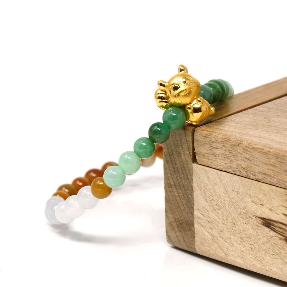 Baikalla Jewelry 24k Gold Jadeite Beads Bracelet XS 6 Inches Genuine High-quality Jade Jadeite Colorful Bracelet Bangle with 24k Yellow Gold Fox Charm#406