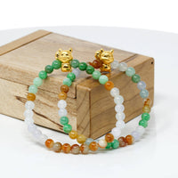 Baikalla Jewelry 24k Gold Jadeite Beads Bracelet Genuine High-quality Jade Jadeite Colorful Bracelet Bangle with 24k Yellow Gold Fox Charm#406