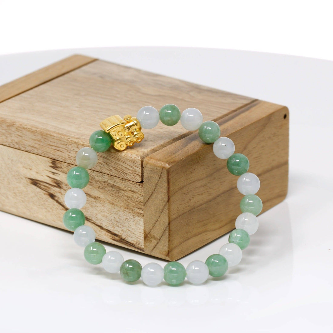 Baikalla Jewelry 24k Gold Jadeite Beads Bracelet Genuine High-quality Jade Jadeite Bracelet Bangle with 24k Yellow Gold Train Engine Charm #424