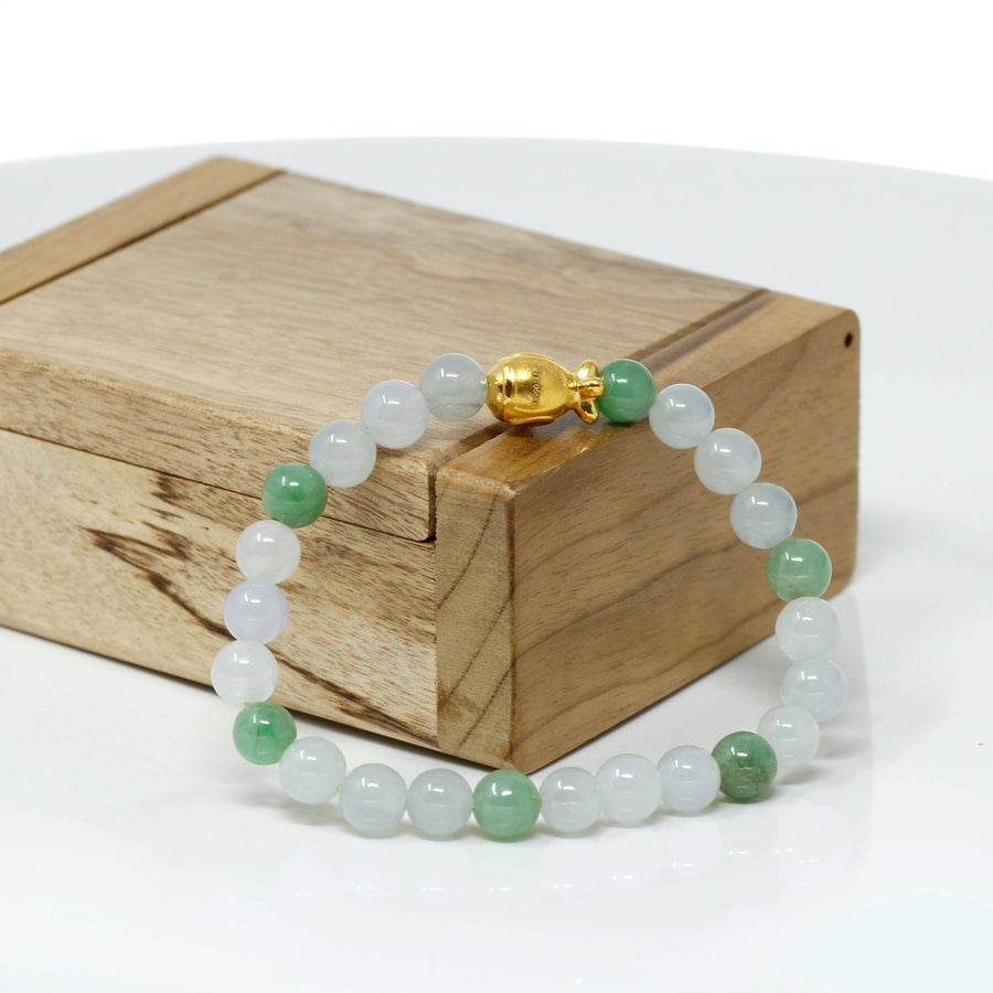 Baikalla Jewelry 24k Gold Jadeite Beads Bracelet XS 6 Inches Genuine High-quality Jade Jadeite Bracelet Bangle with 24k Yellow Gold Submarine Charm #404