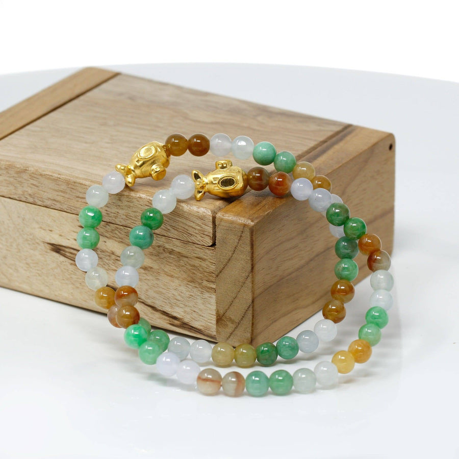 Baikalla Jewelry 24k Gold Jadeite Beads Bracelet Genuine High-quality Jade Jadeite Bracelet Bangle with 24k Yellow Gold Submarine Charm Colorful  #403