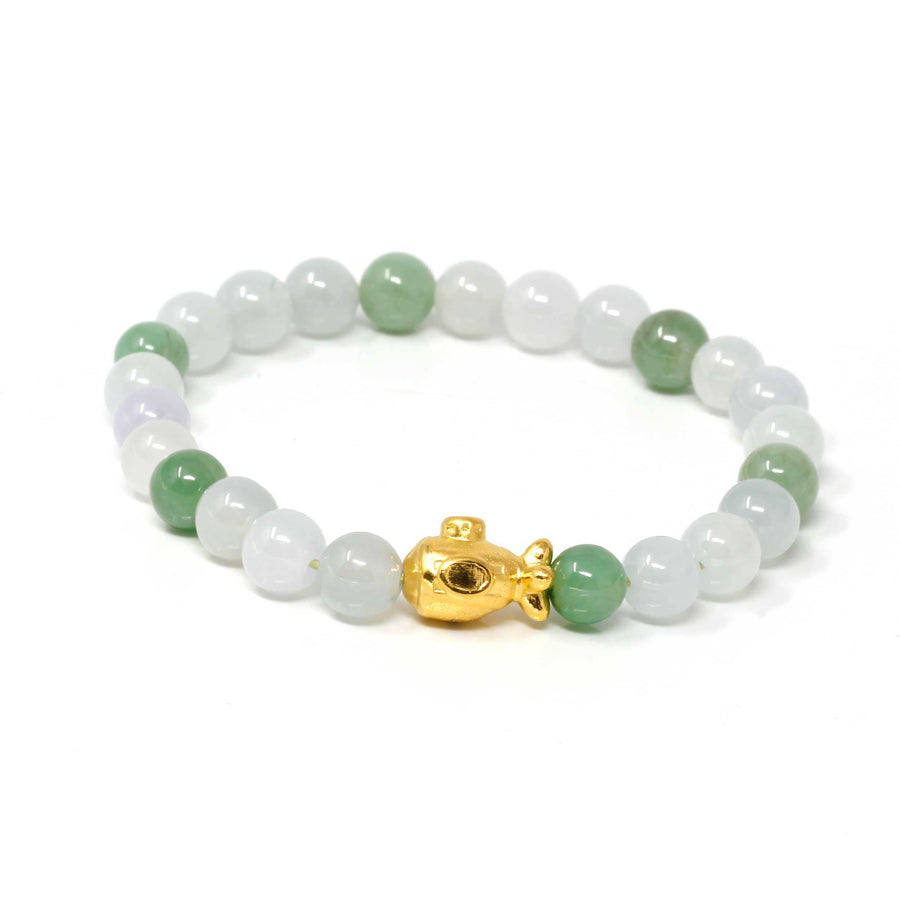 Baikalla Jewelry 24k Gold Jadeite Beads Bracelet Genuine High-quality Jade Jadeite Bracelet Bangle with 24k Yellow Gold Submarine Charm #404