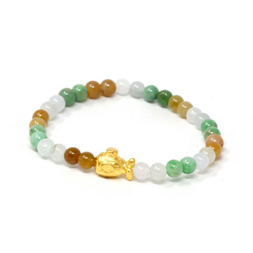 Baikalla Jewelry 24k Gold Jadeite Beads Bracelet Genuine High-quality Jade Jadeite Bracelet Bangle with 24k Yellow Gold Submarine Charm Colorful  #403