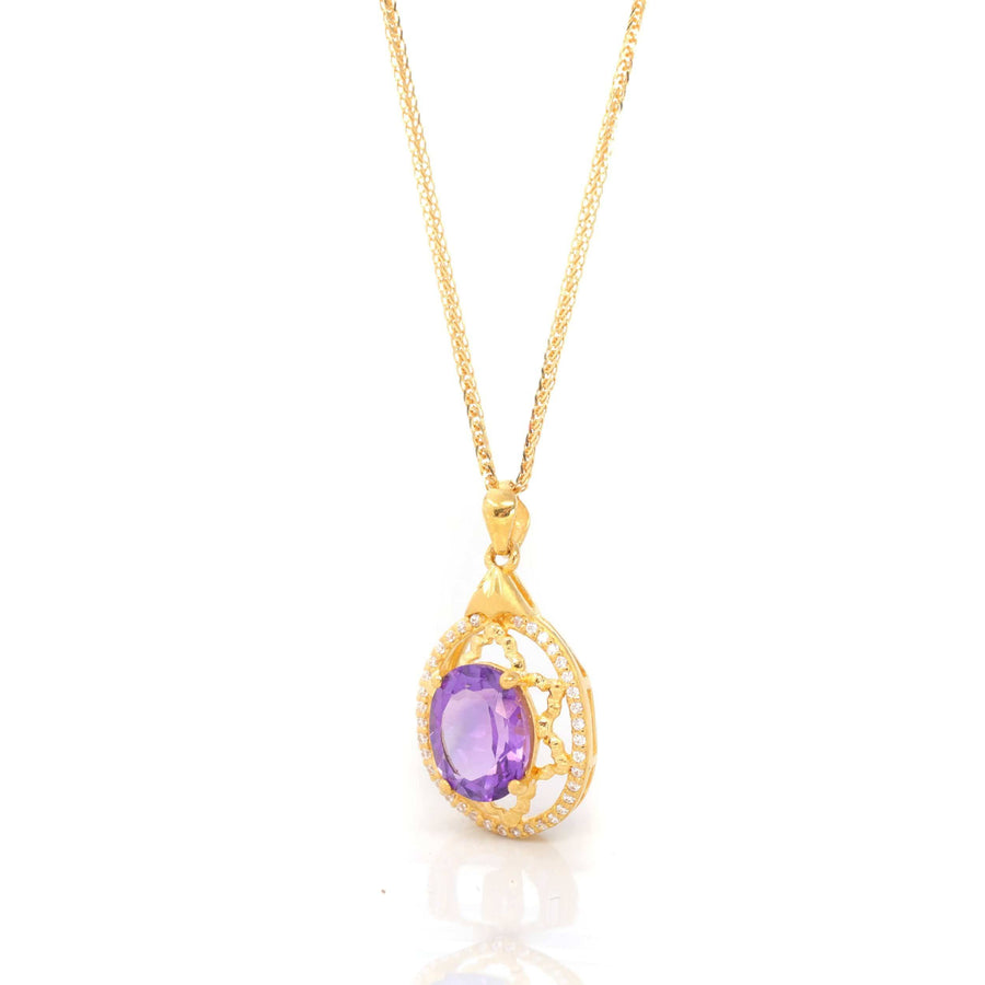 Baikalla Jewelry Gemstone Pendant Necklace 24K Yellow Gold Genuine AA Royal Amethyst Pendant Necklace With CZ