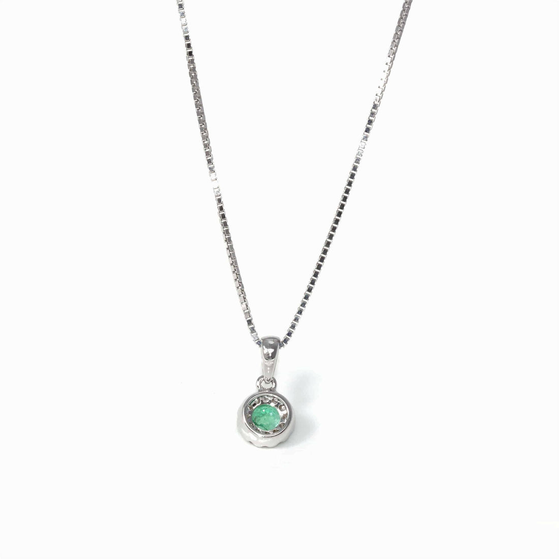 Baikalla Jewelry Gemstone Pendant Necklace Baikalla™ 14k White Gold Emerald Round 4 Prong Set Necklace With Diamond Halo