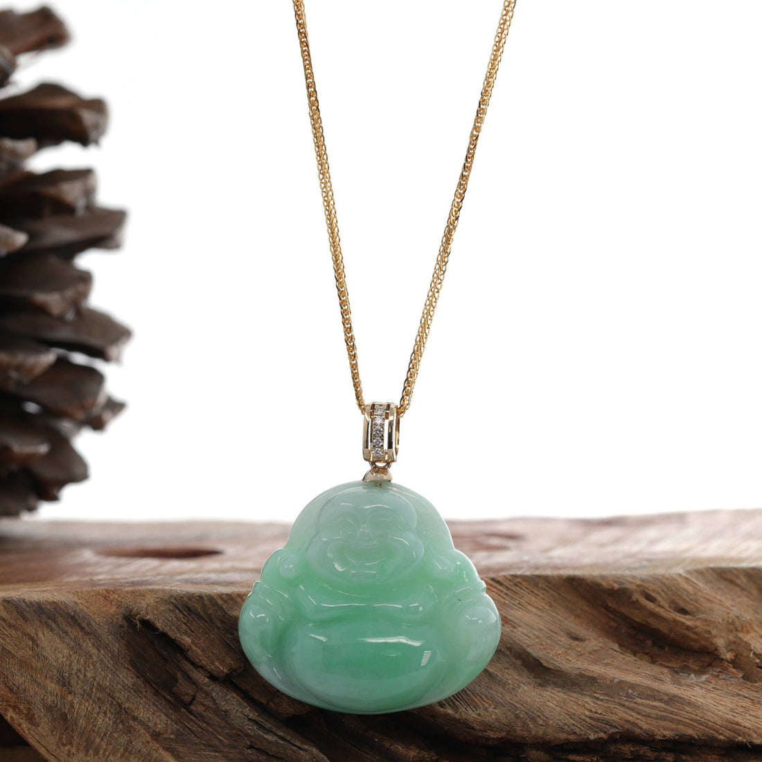 Baikalla Jewelry Jade Pendant Natural Burmese Jadeite Jade "Laughing Buddha" With 14k Yellow VS1 Diamond Bail
