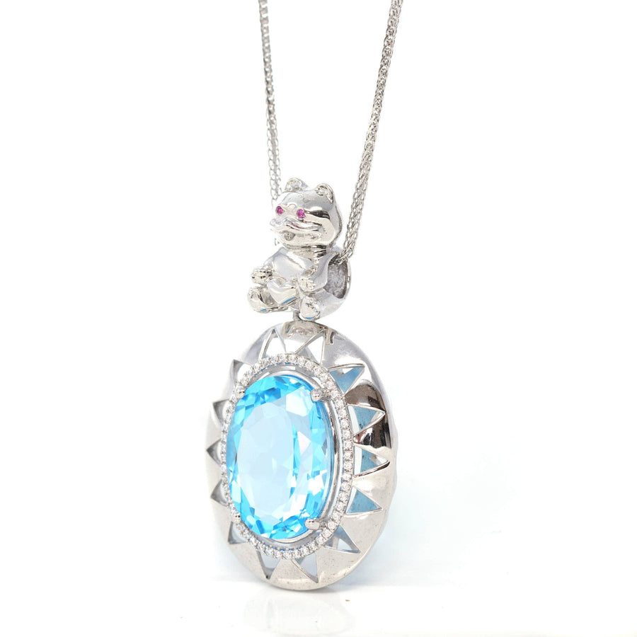 Baikalla Jewelry Silver Topaz Necklace Sterling Silver Natural Topaz Luxury Pendant Necklace With Lovely Bear
