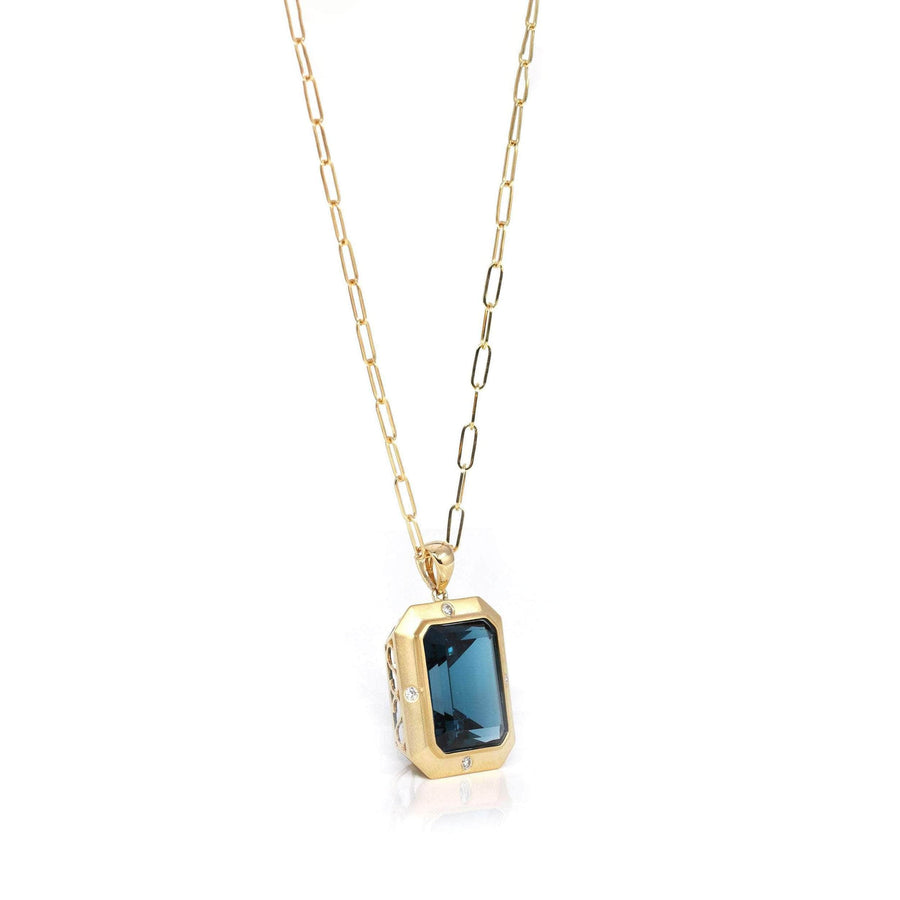 Baikalla Jewelry Gemstone Pendant Necklace 18k Yellow Gold Natural Navy Blue Topaz Emerald Necklace With Diamonds