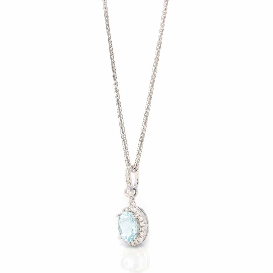 Baikalla Jewelry Gold Aquamarine Ring Pendant Only 14k White Gold Genuine Oval Aquamarine AA Pendant Necklace With Diamond